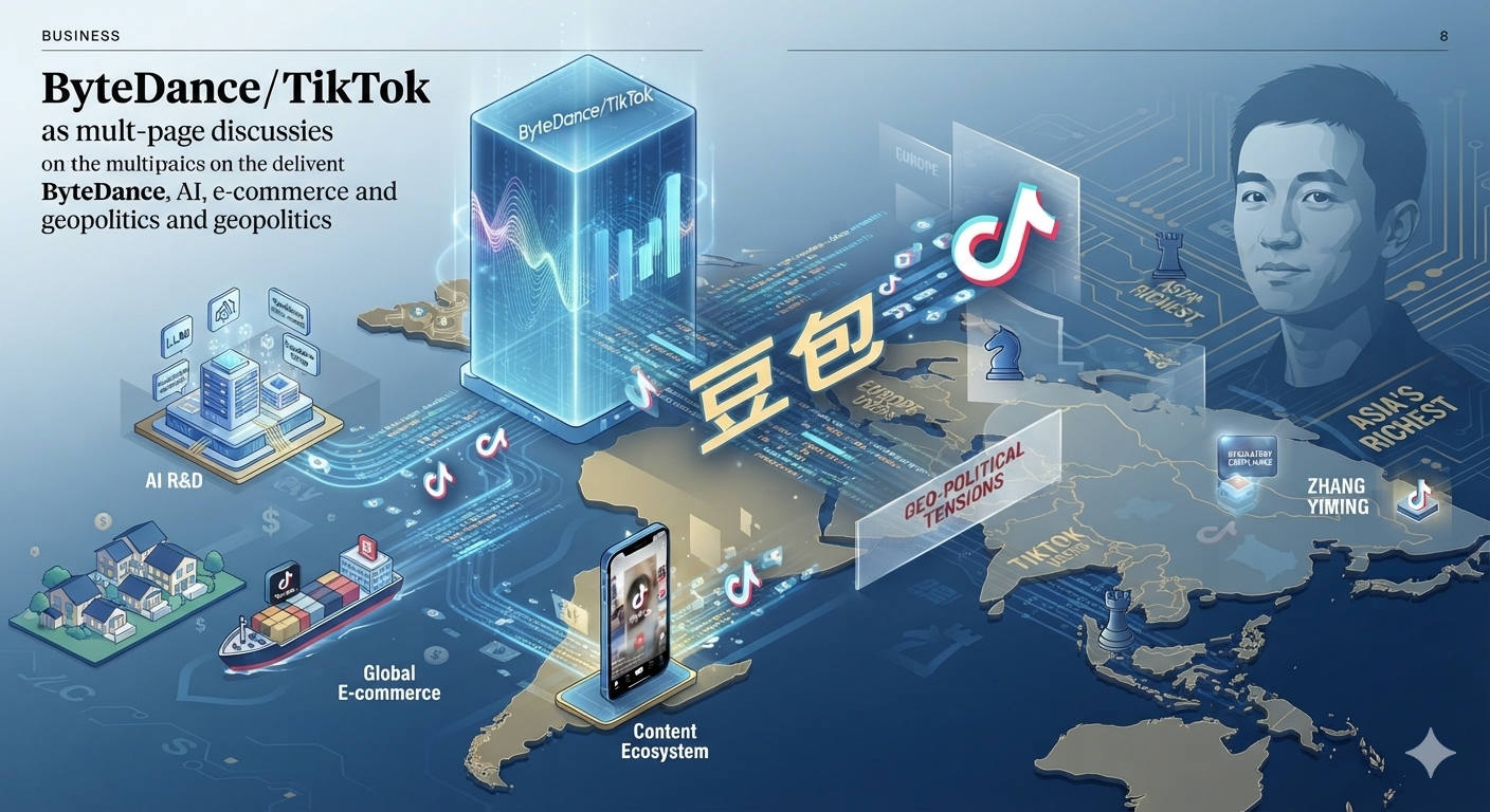 字节跳动/TikTok:AI 研发、全球电商、内容生态与地缘政治张力的系统图示